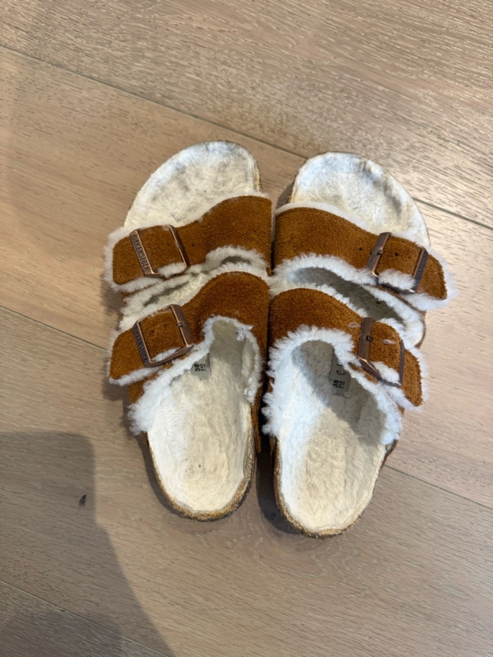 Birkenstock Brown Suede Shearling Lined Two-Strap Sandals